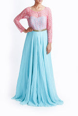 Mansi Vuppala Teal & Pink Lace Georgette Gown