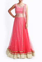 Mansi Vuppala Coral & Pink Layered Lehenga